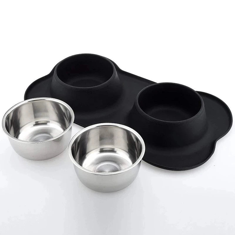 Antislip Double Dog Bowl with Silicone Mat - Durable & Non-Slip