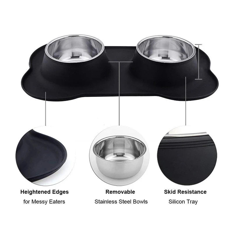Antislip Double Dog Bowl with Silicone Mat - Durable & Non-Slip