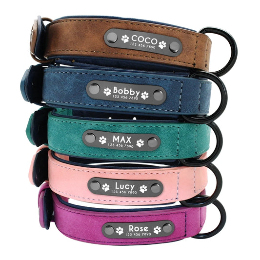 Personalized Leather Dog Collar with Engraved ID Tag – Custom Name & Phone Number for Small, Medium & Large Dogs