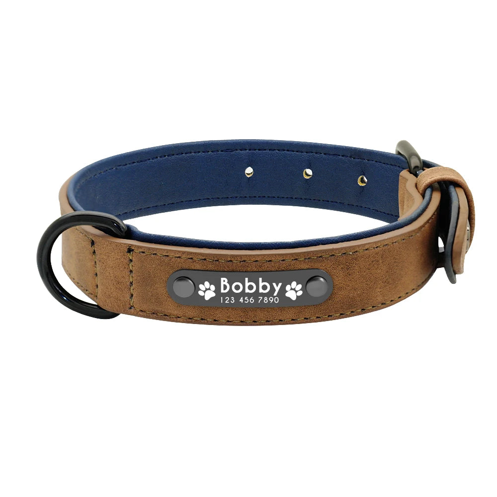 Personalized Leather Dog Collar with Engraved ID Tag – Custom Name & Phone Number for Small, Medium & Large Dogs