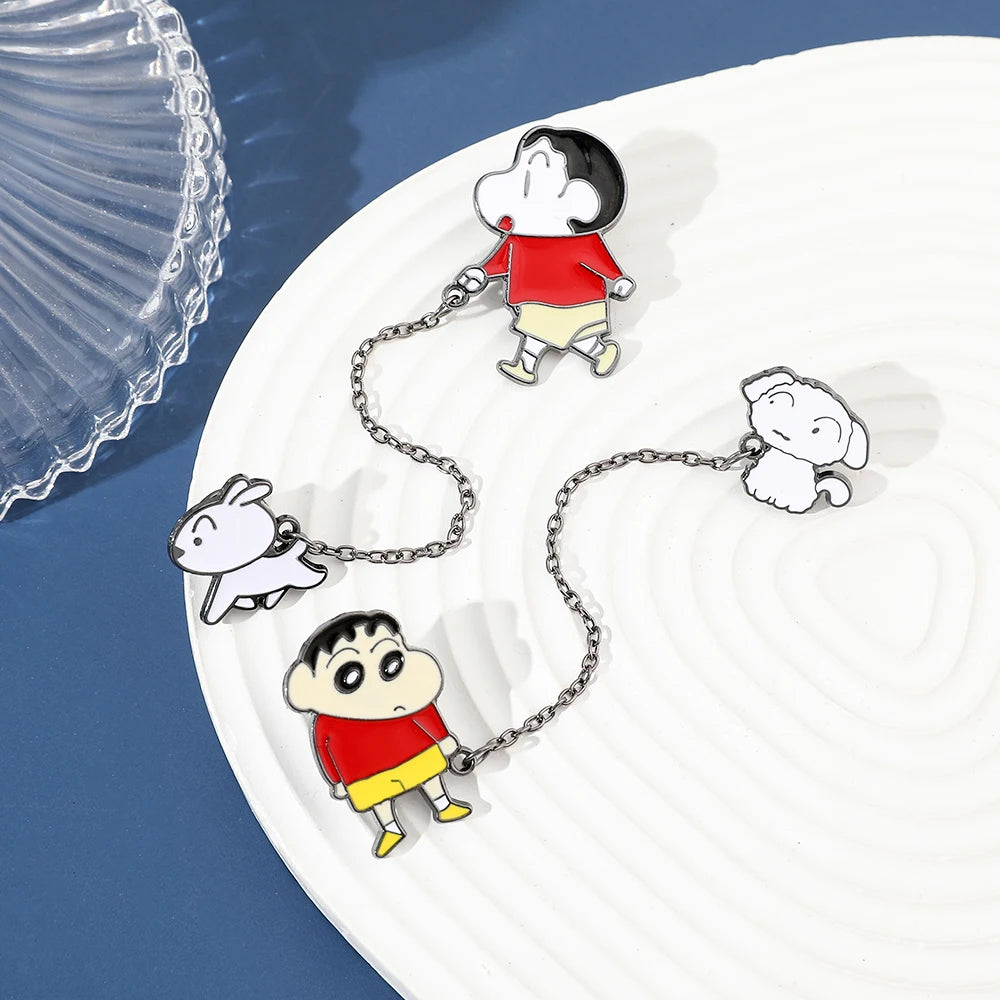 Japan Anime Crayon Shin-Chan Nohara Shiro Lapel Pin with Chain – Shinnosuke Walk the Dog Brooch Gift for Fans