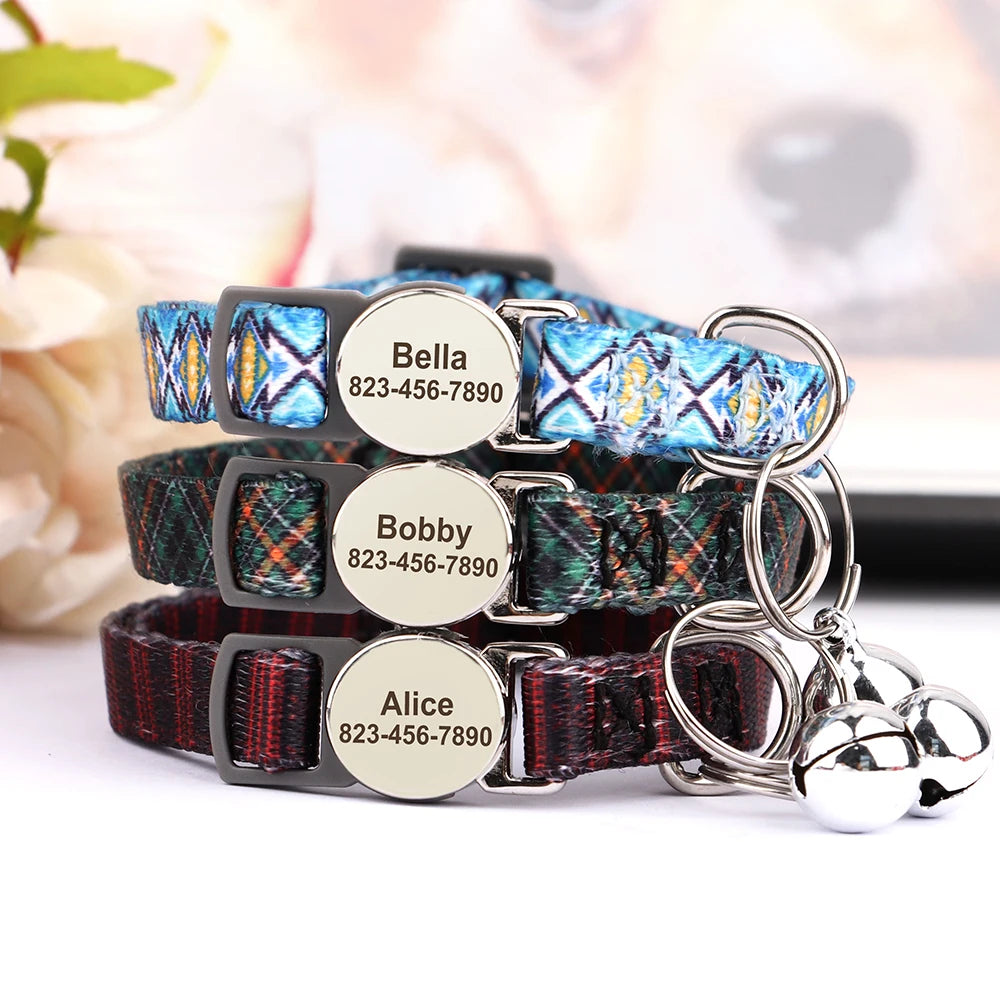 Personalized Cat/Puppy Collar with ID Nameplate & Bell – Adjustable, Custom Printed