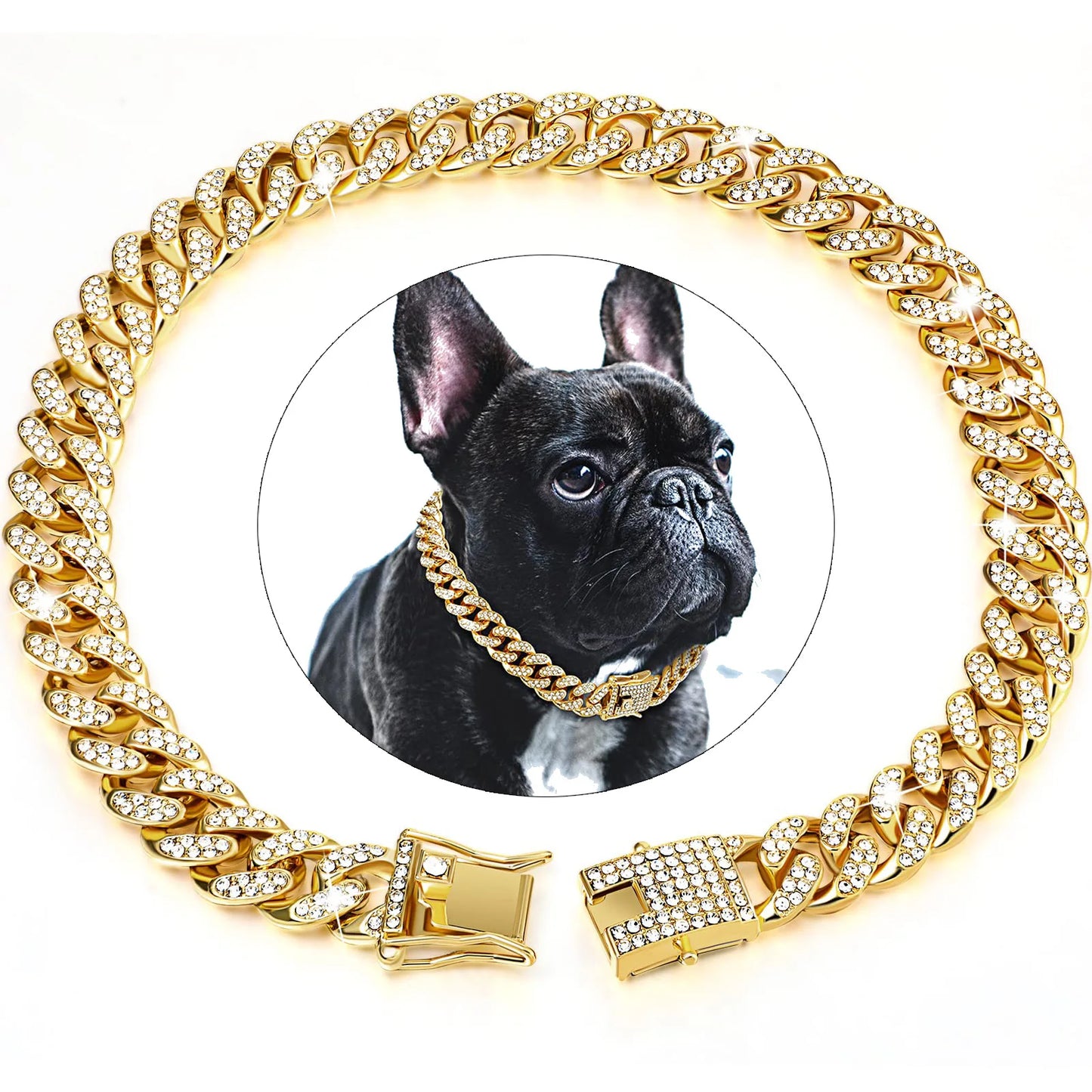 Luxury Diamond Cuban Dog Chain Collar – Metal Walking Collar with Secure Buckle for Dogs and Cats