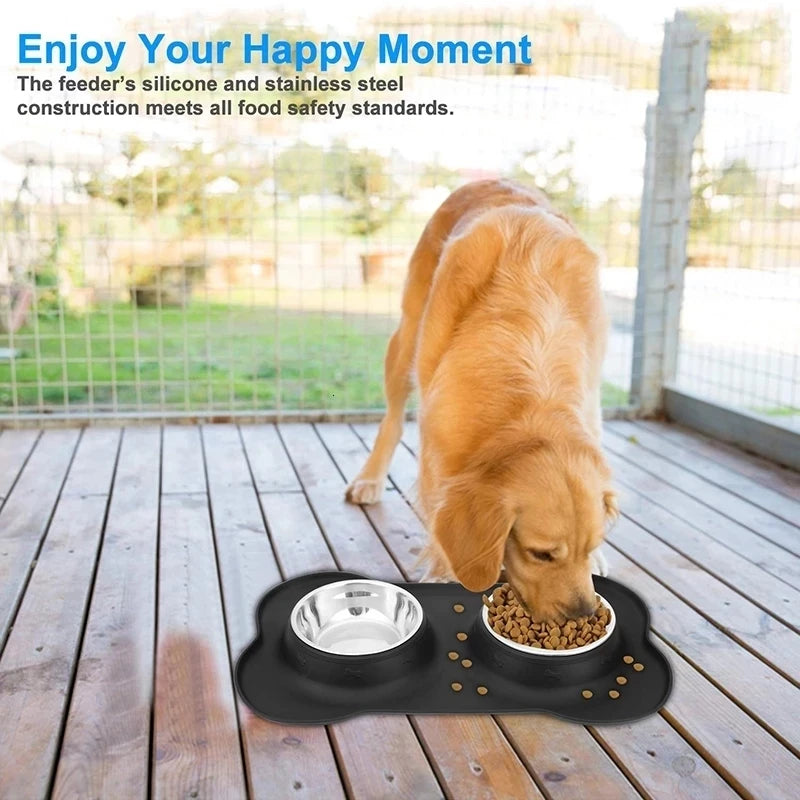 Antislip Double Dog Bowl with Silicone Mat - Durable & Non-Slip