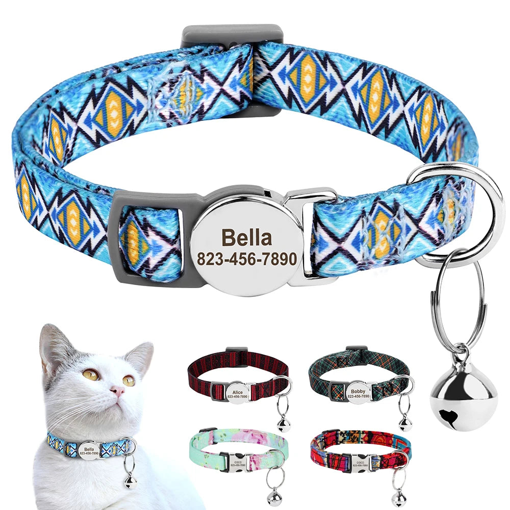 Personalized Cat/Puppy Collar with ID Nameplate & Bell – Adjustable, Custom Printed