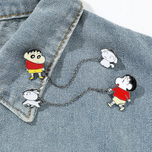 Japan Anime Crayon Shin-Chan Nohara Shiro Lapel Pin with Chain – Shinnosuke Walk the Dog Brooch Gift for Fans