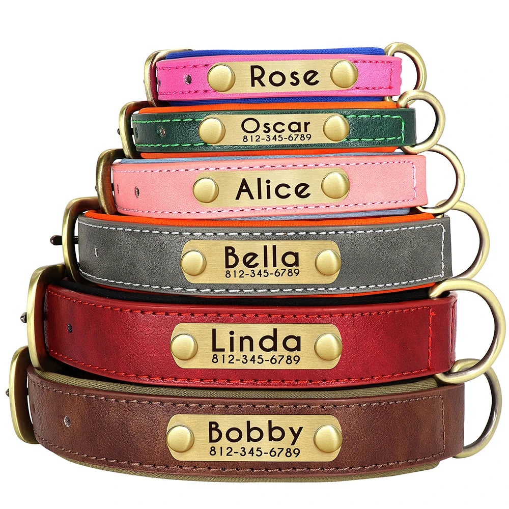 Personalized Leather Dog Collar with ID Nameplate – Custom Engraving, Soft Padded & Adjustable for Medium to Large Dogs