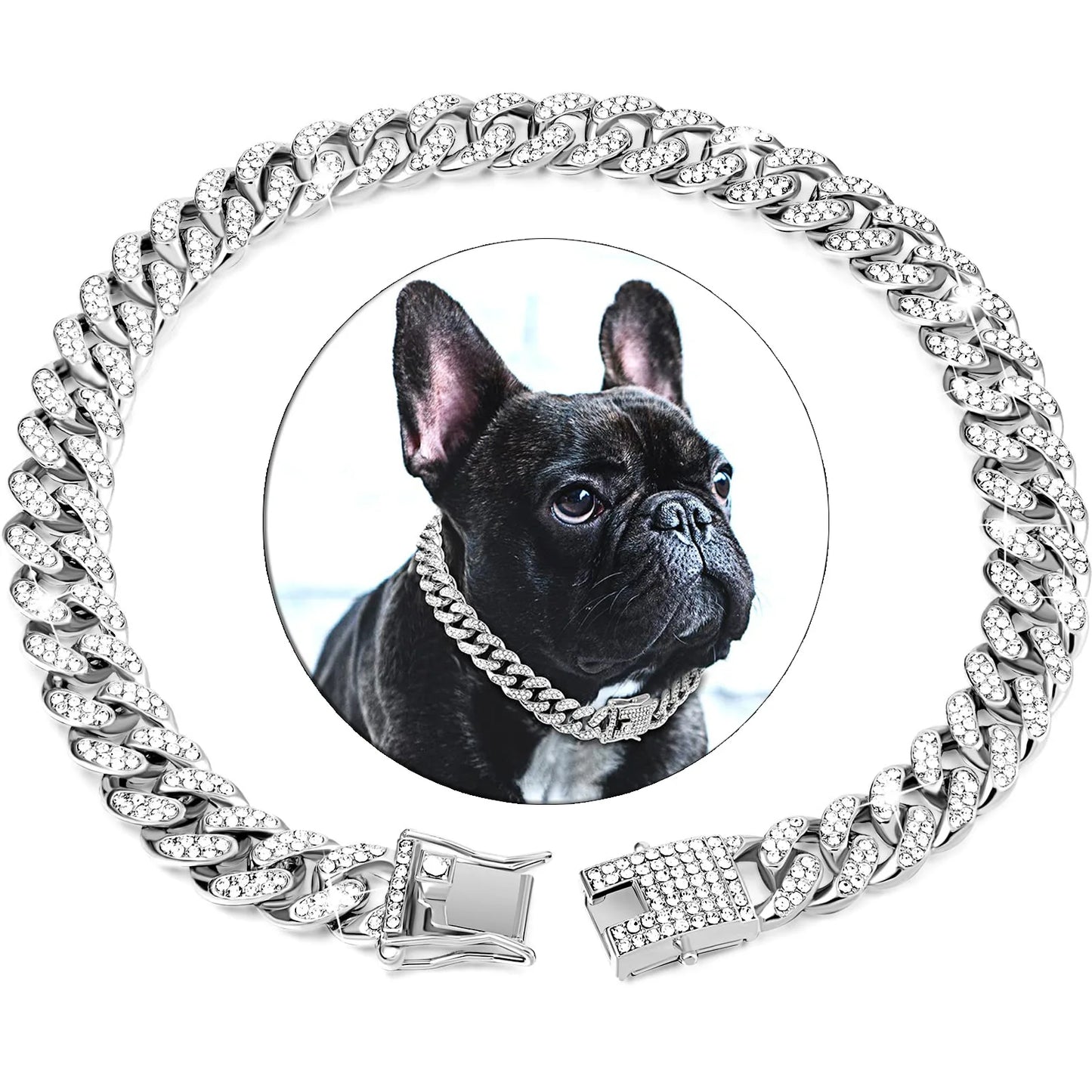 Luxury Diamond Cuban Dog Chain Collar – Metal Walking Collar with Secure Buckle for Dogs and Cats