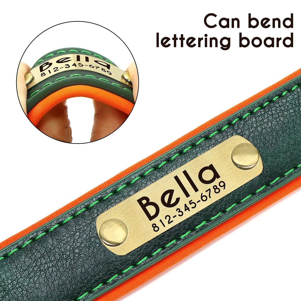 Personalized Leather Dog Collar with ID Nameplate – Custom Engraving, Soft Padded & Adjustable for Medium to Large Dogs