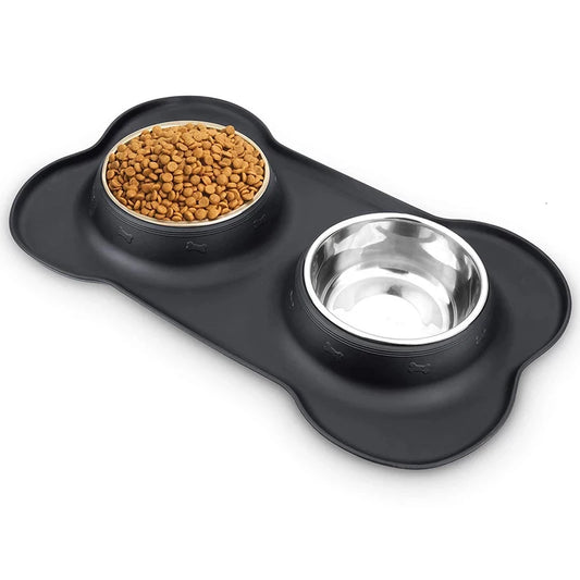 Antislip Double Dog Bowl with Silicone Mat - Durable & Non-Slip